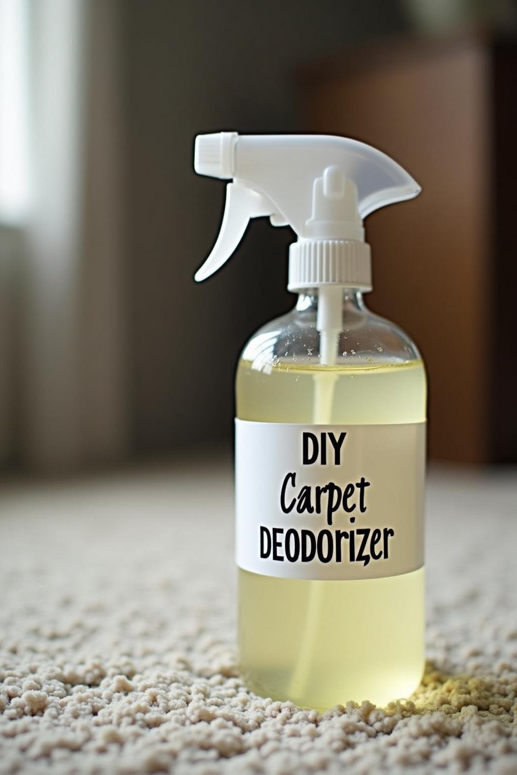 Homemade carpet deodorizer spray bottle ready for use on furniture and carpets