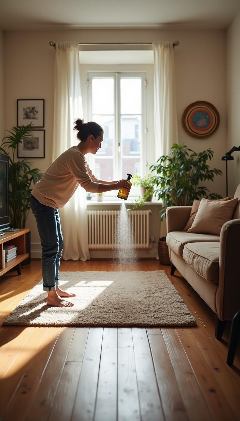 Individual applying DIY deodorizer to a carpet to eliminate odors