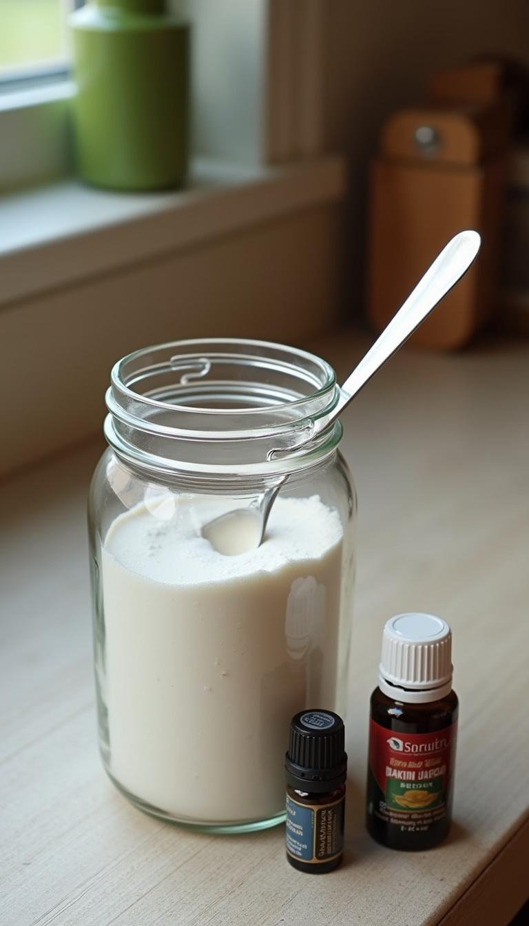 Ingredients for DIY carpet deodorizer including baking soda, essential oils, and a spoon