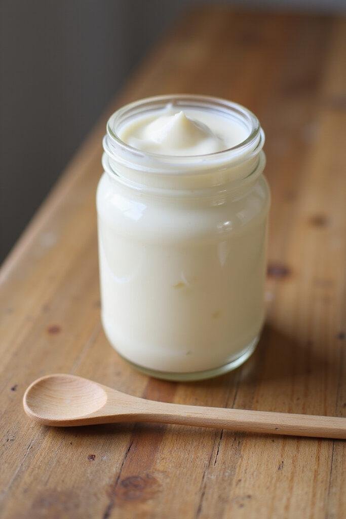 Close-up of a homemade cuticle cream jar with a wooden spatula on a wooden table, showcasing natural skincare products