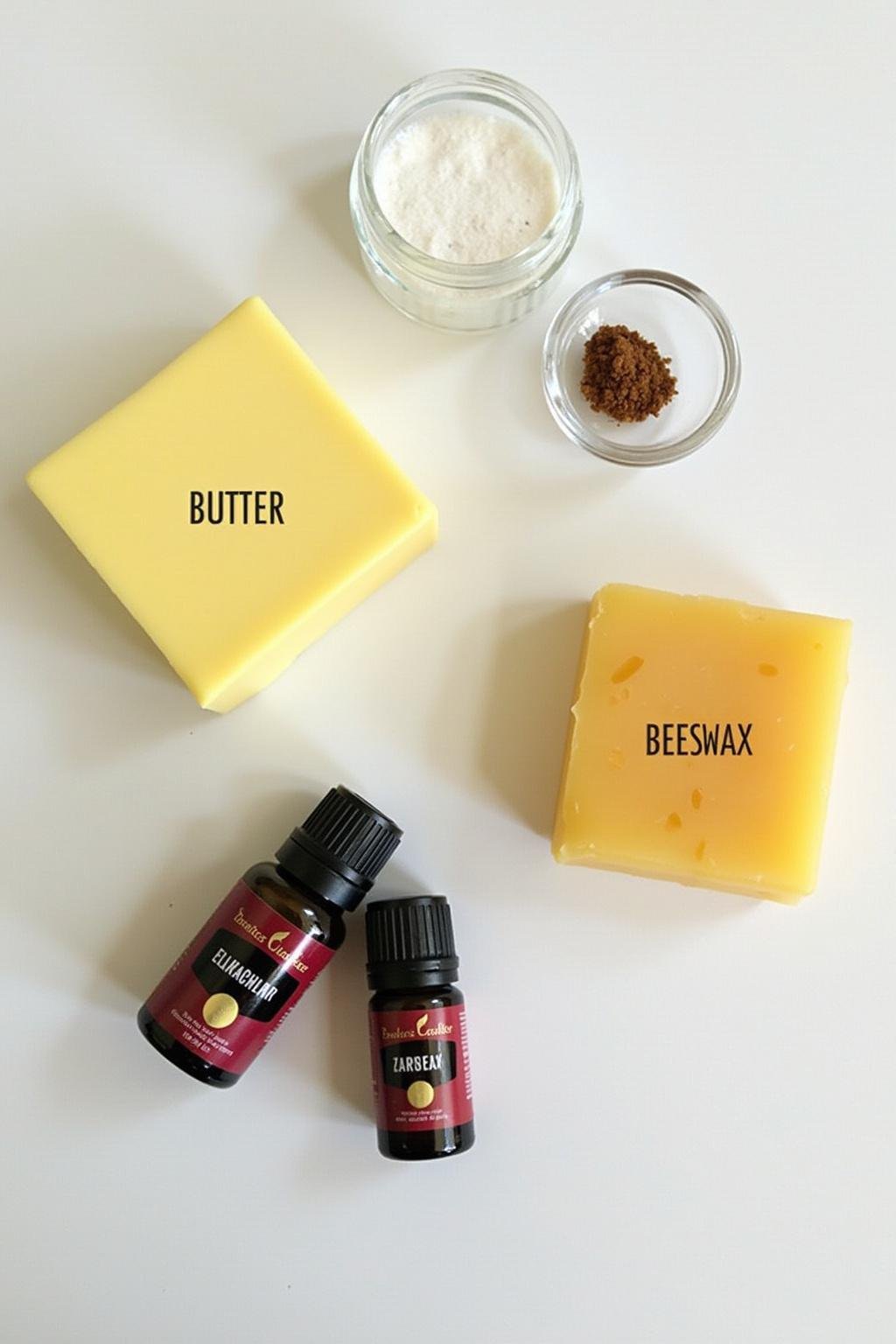 Ingrédients naturels tels que le beurre de karité, la cire d'abeille et les huiles essentielles utilisés pour faire de la crème pour cuticules maison, sur une surface blanche
