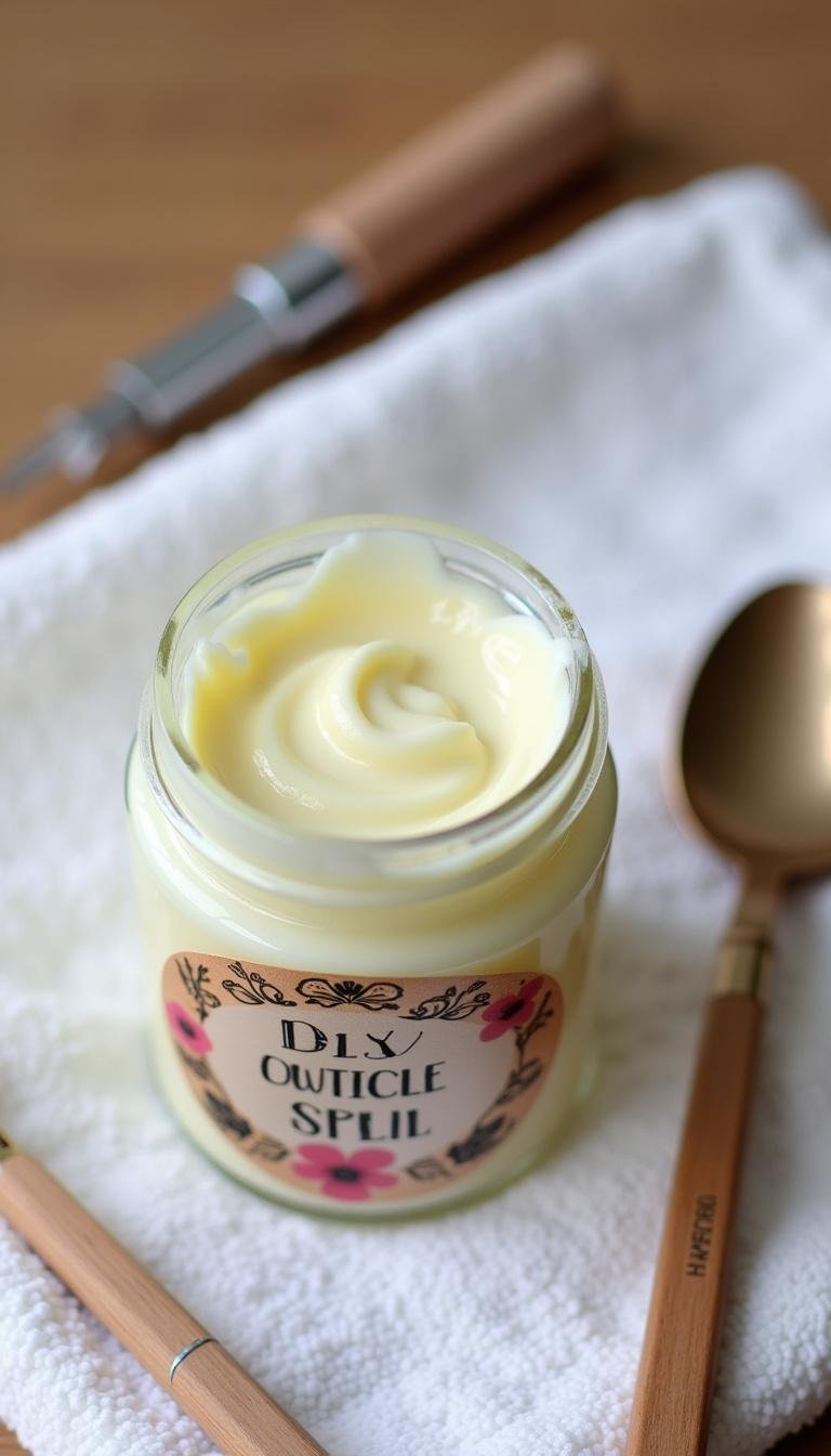 Crème pour cuticules faite maison joliment emballée dans un petit pot avec une étiquette, posée sur une serviette à côté d'outils de manucure