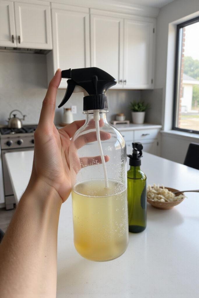 Hand holding spray bottle of DIY deodorant spray made with magnesium oil in a kitchen setting, surrounded by natural ingredients like essential oils and coconut oil.