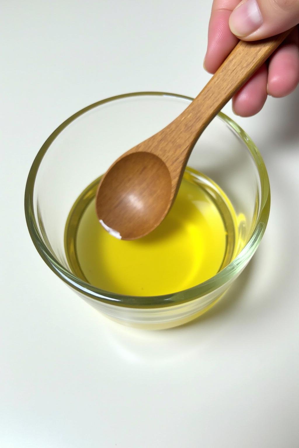 Close-up of magnesium oil in a glass bowl with a wooden spoon, used in homemade deodorant spray recipe, on a white background.