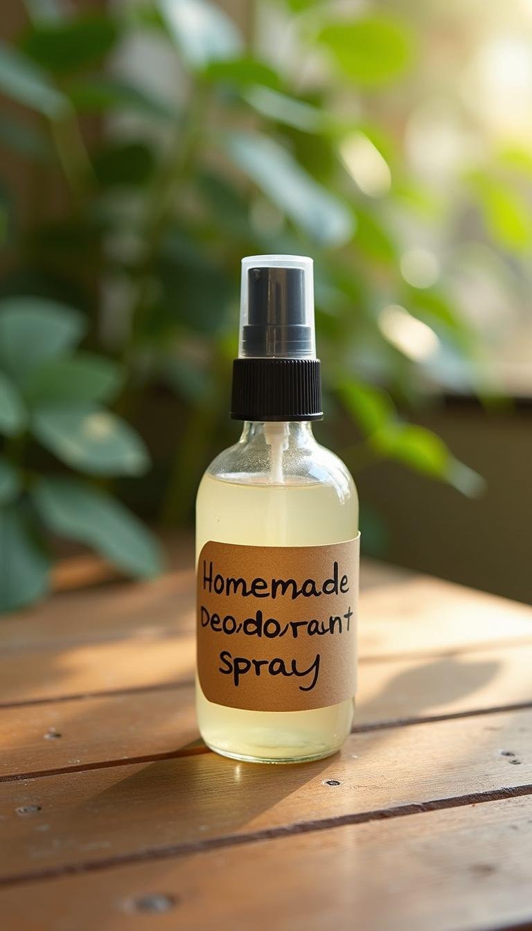 Jar of DIY magnesium oil deodorant spray with a rustic label on a wooden table outdoors, surrounded by greenery and natural light.