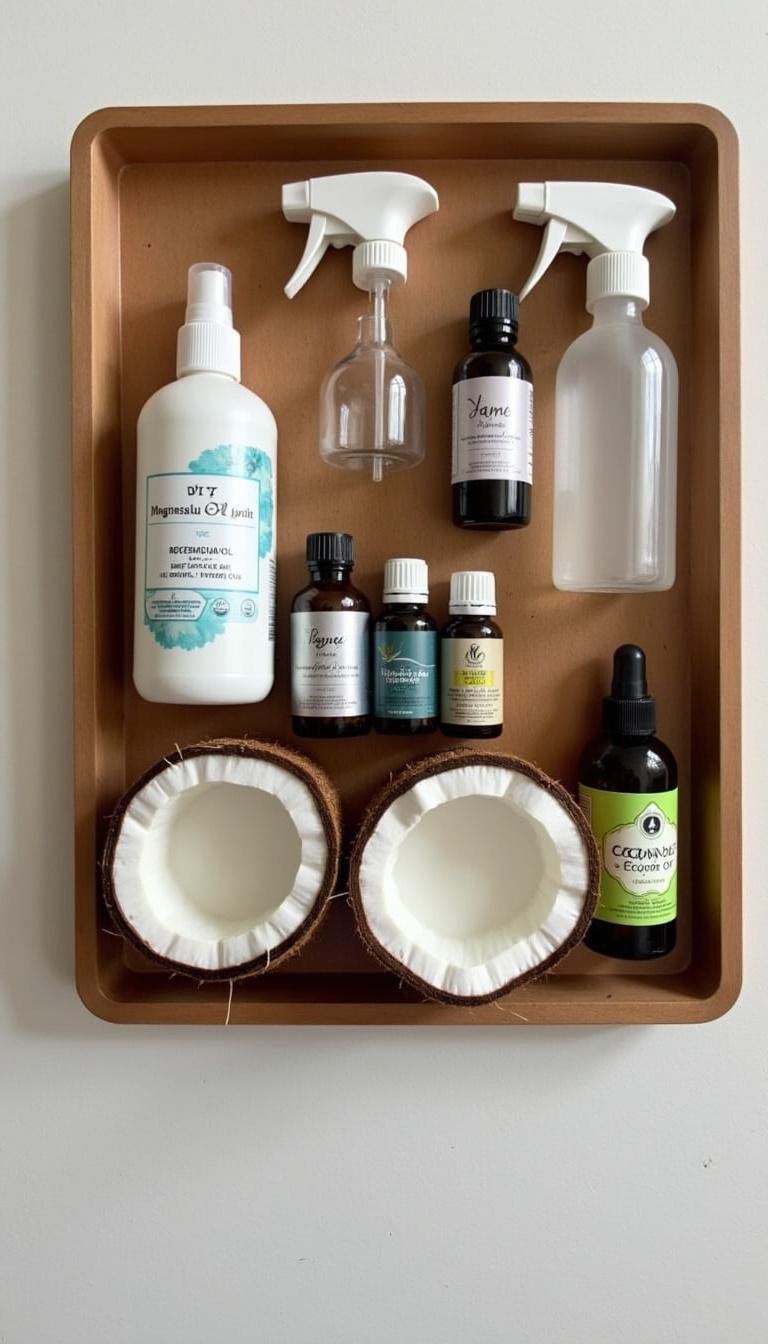 Organized ingredients for DIY magnesium oil deodorant spray including magnesium oil, essential oils, and coconut oil, on a wooden tray.