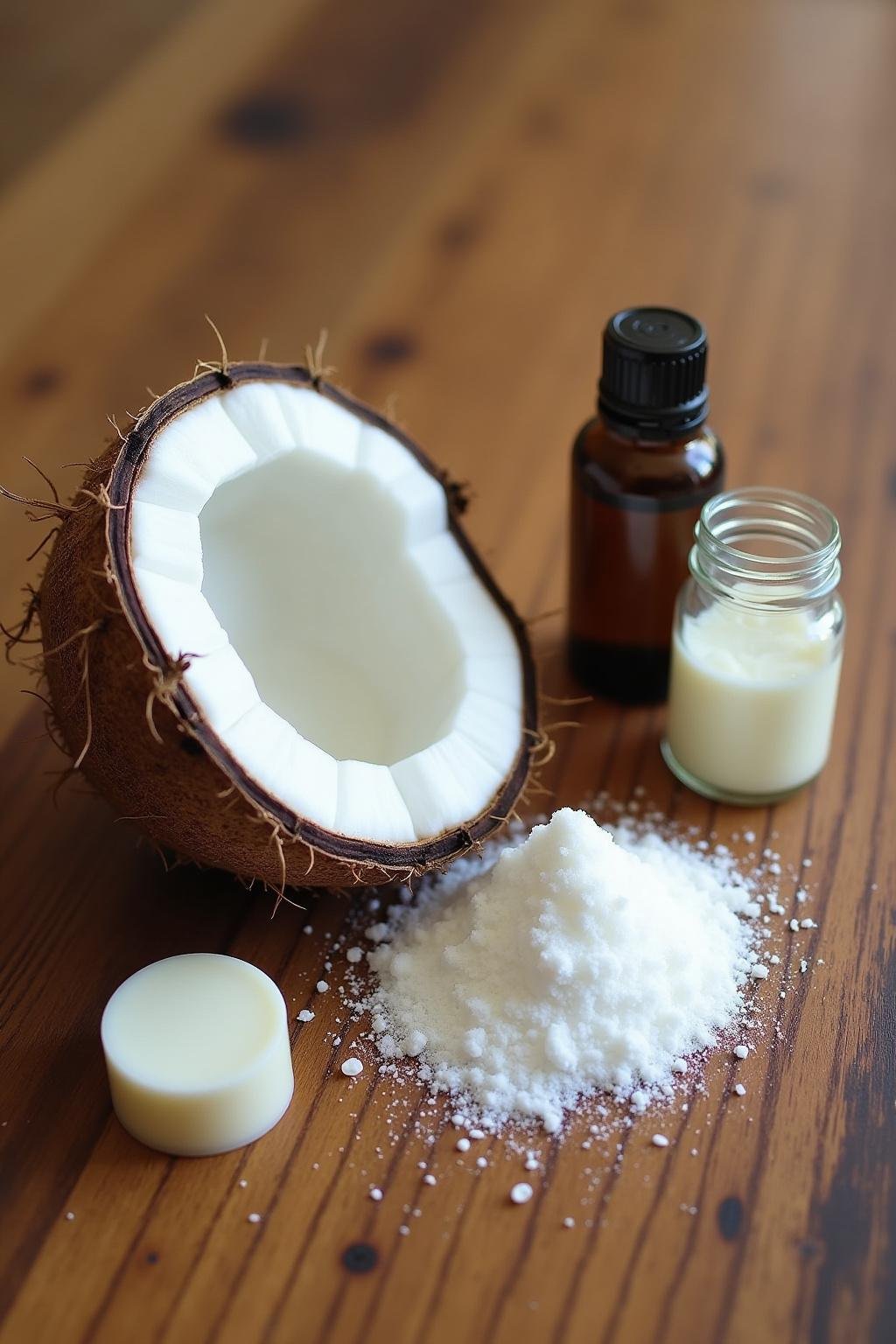 Ingredients for DIY deodorant with coconut oil, baking soda, and essential oils displayed on a wooden surface