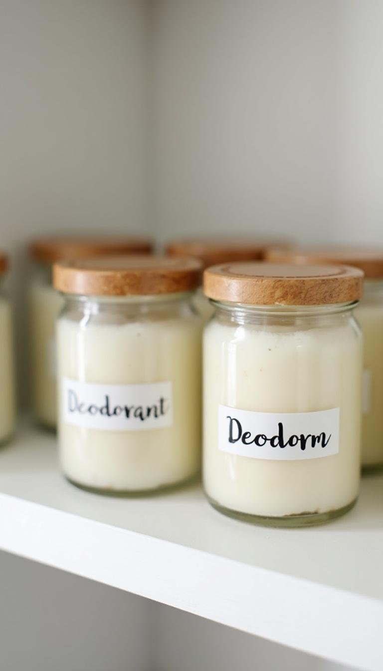 Jar of homemade natural deodorant on shelf, emphasizing eco-friendly skincare