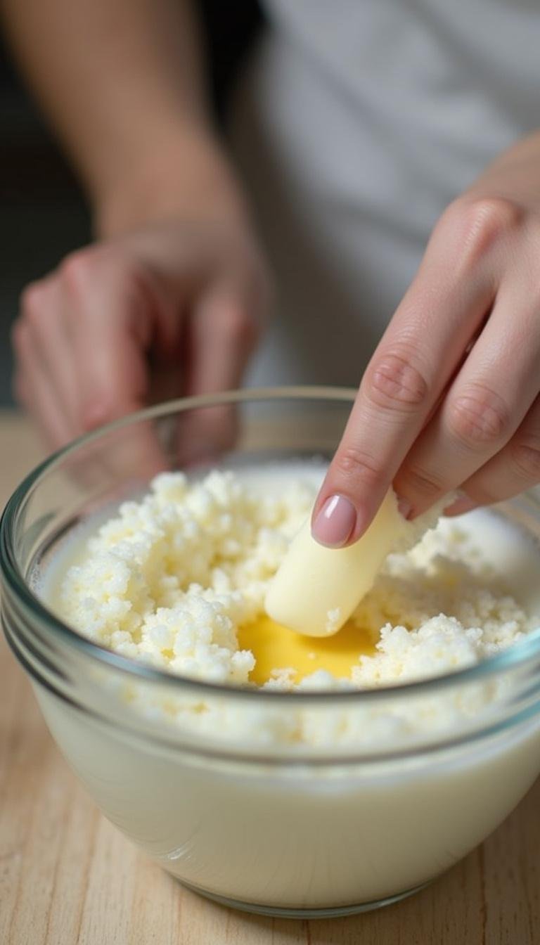 Hands stirring natural ingredients for homemade deodorant in a glass bowl