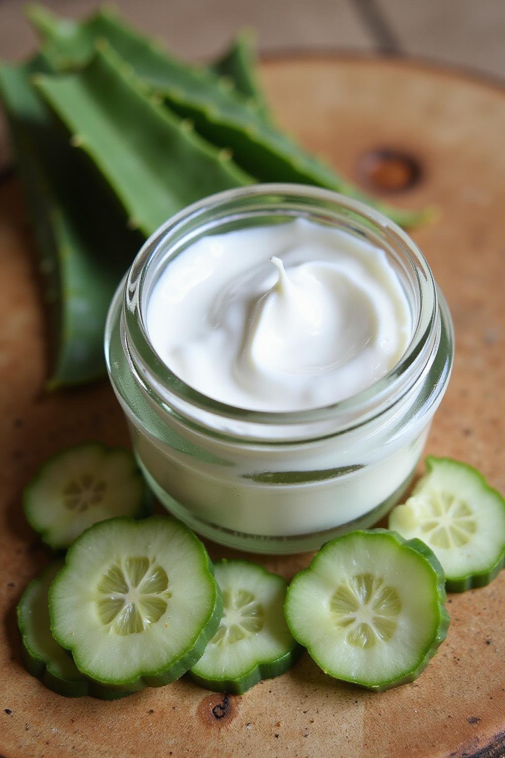 Homemade DIY eye cream with aloe vera and cucumber for wrinkles and puffiness