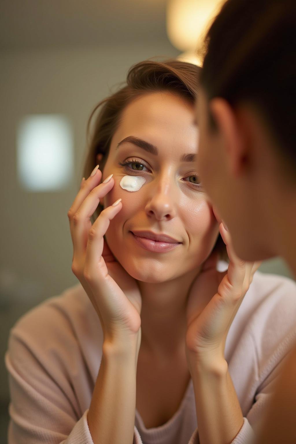 Woman using DIY eye cream to reduce puffiness and wrinkles around her eyes