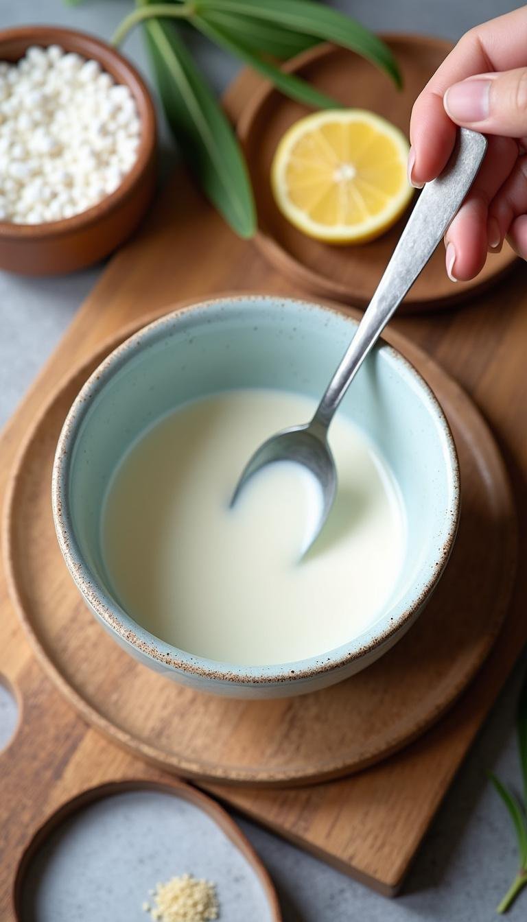 Preparing DIY eye cream with ingredients for reducing eye wrinkles and puffiness