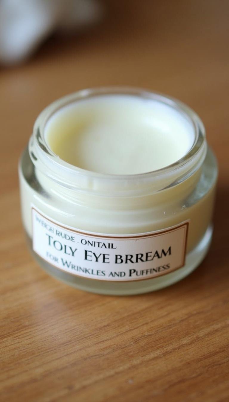 Finished homemade eye cream jar designed to reduce wrinkles and puffiness around the eyes