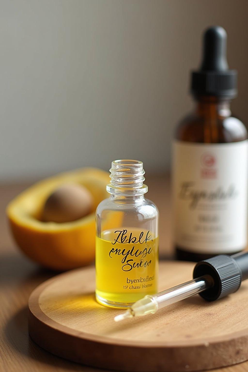Glass bottle of DIY eyelash serum with dropper, surrounded by ingredients like castor oil and aloe vera