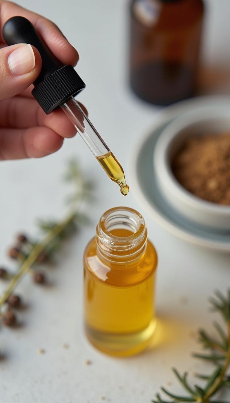 Hand filling applicator brush with DIY eyelash serum from a small jar, herbal ingredients in the background