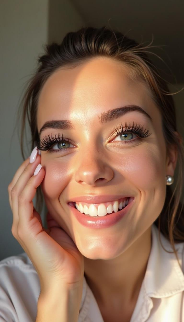 Woman smiling with lush, long eyelashes after applying DIY eyelash serum