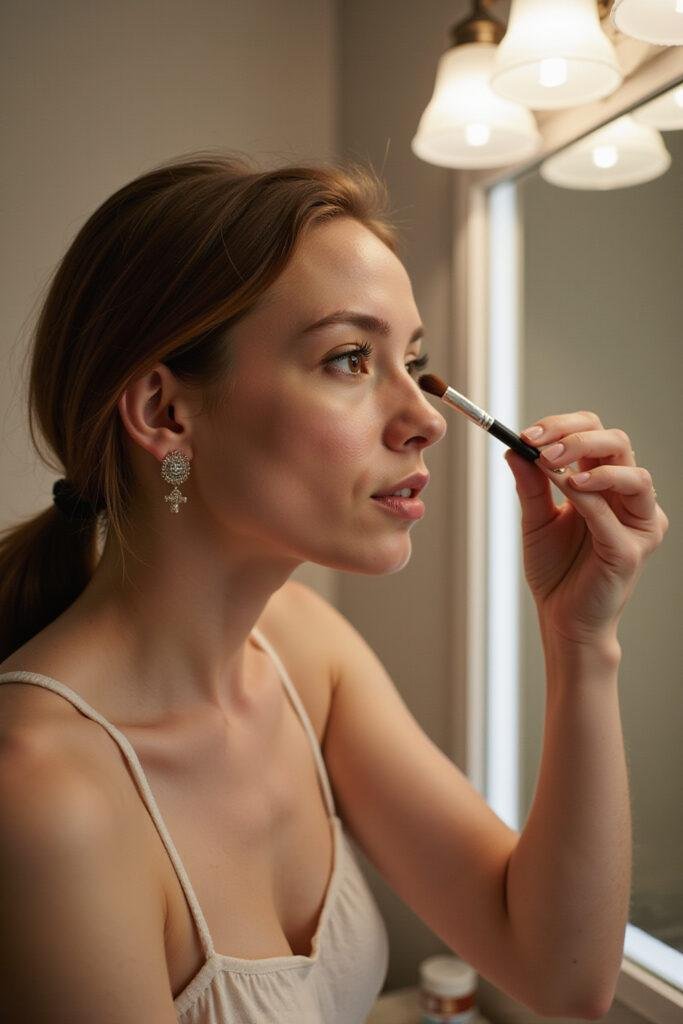 A woman using a small brush to apply homemade eyelash serum in a bright bathroom setting for natural eyelash growth