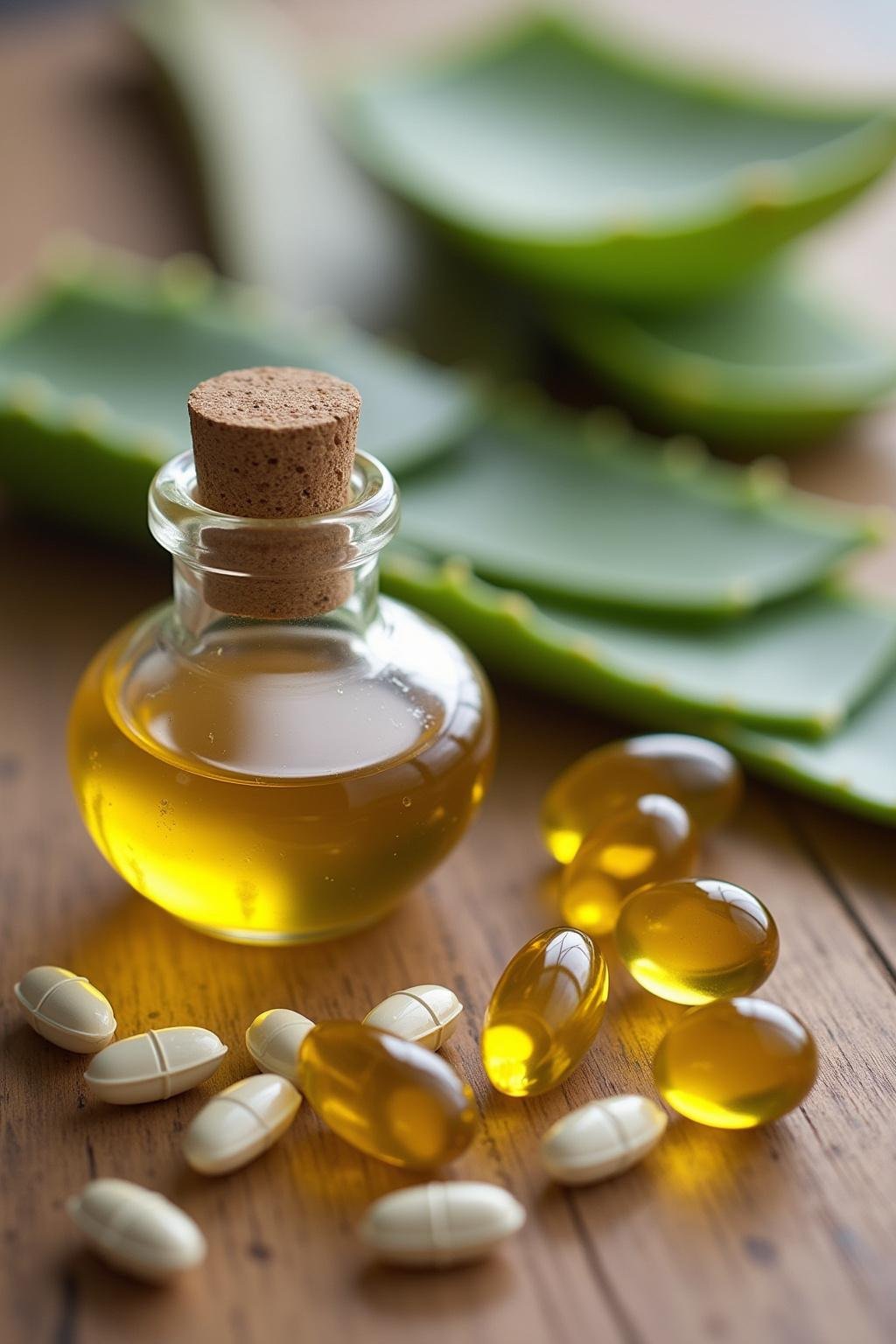Ingredients such as castor oil, vitamin E capsules, and aloe vera set on a wooden surface, ready for making natural eyelash serum