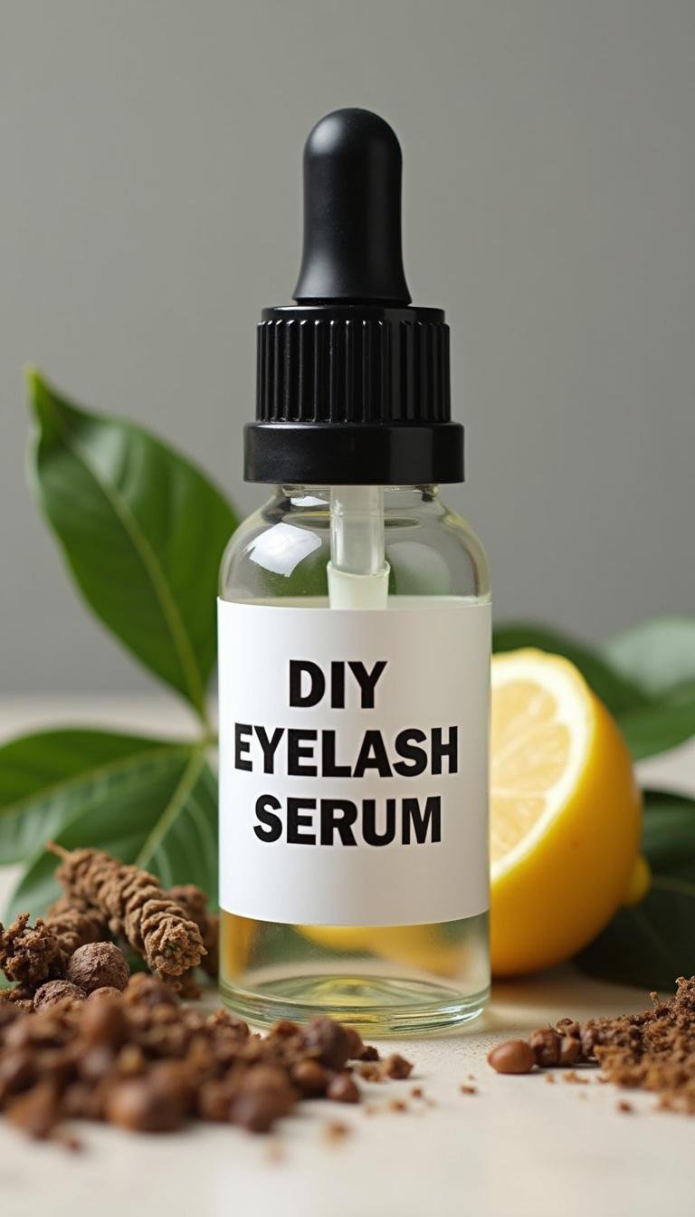 A glass dropper bottle with homemade eyelash serum surrounded by herbal extracts and natural ingredients for eyelash growth