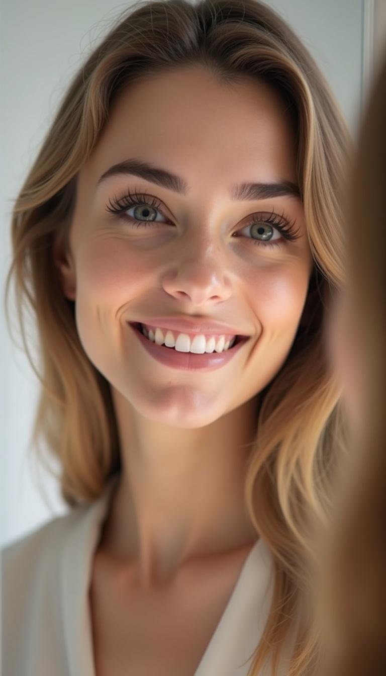 Happy woman showing off her natural eyelash growth after applying DIY eyelash serum in front of a mirror