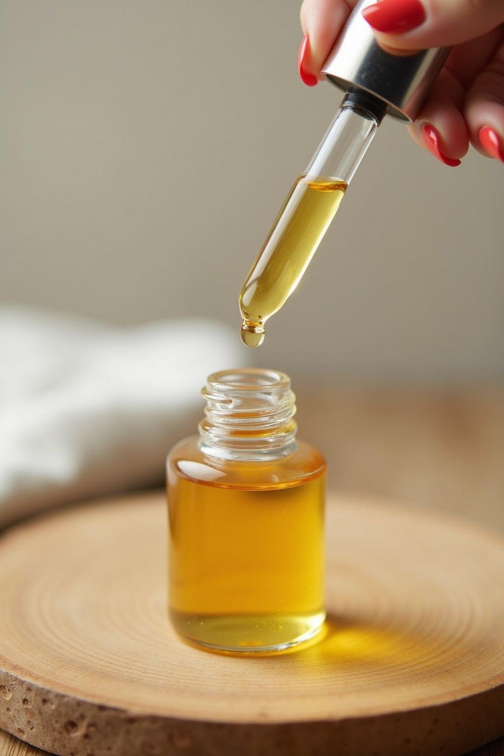 Glass dropper with homemade face serum on wooden surface, highlighting natural skincare ingredients