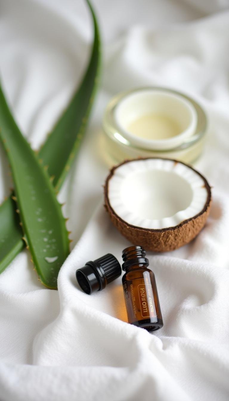 Natural ingredients for DIY face serum, including aloe vera, coconut oil, and essential oils on white cloth