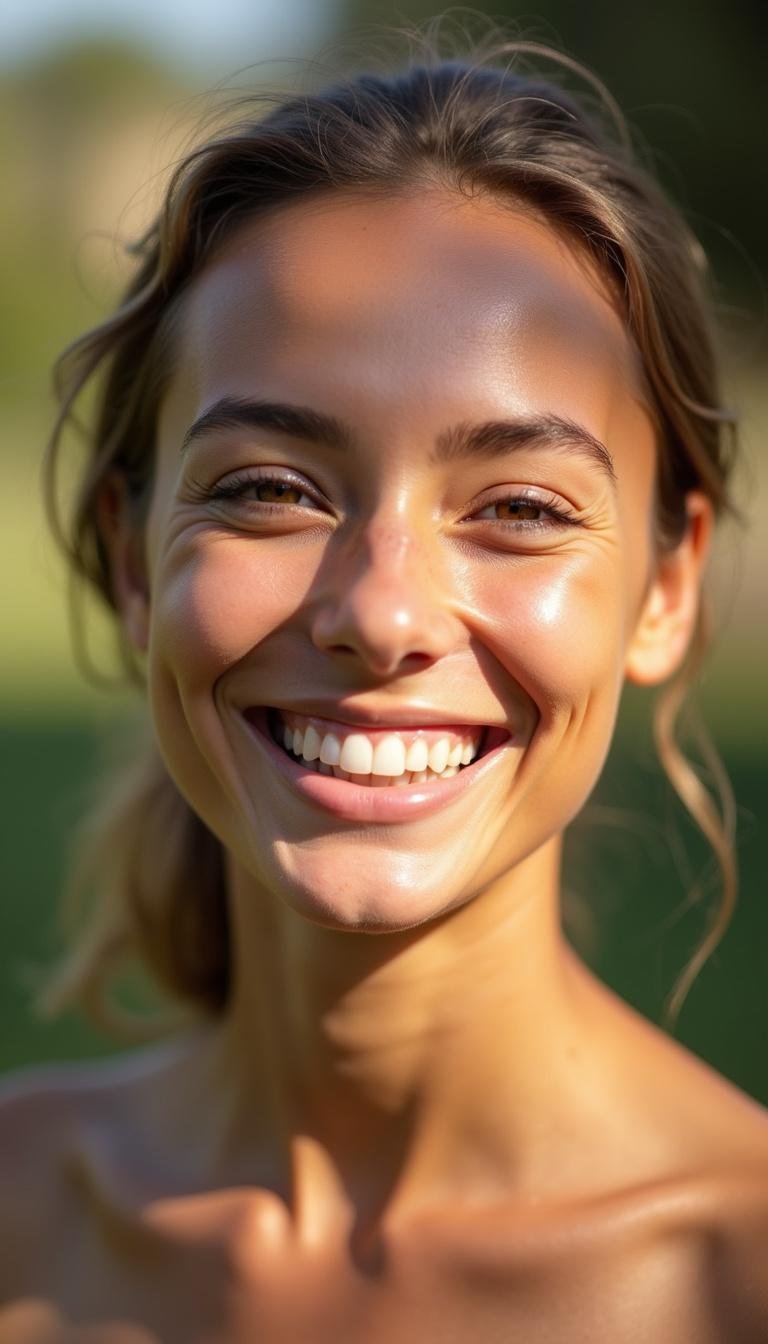 Happy woman with glowing skin outdoors after applying homemade face serum
