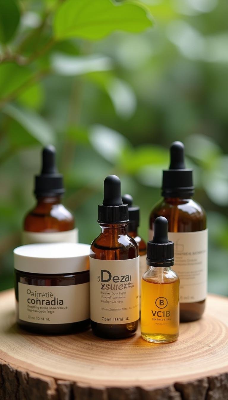 Assorted bottles and jars of DIY face serums on natural background with greenery