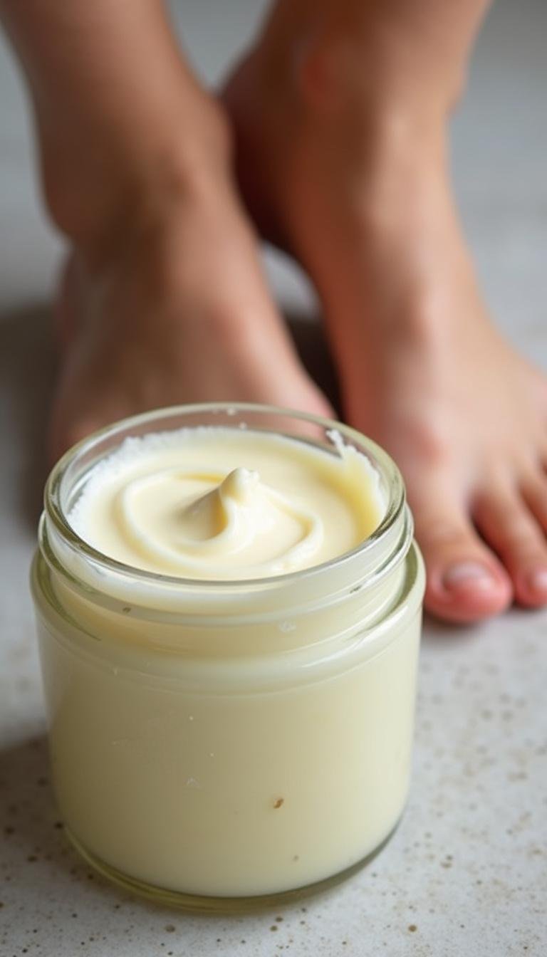 Close-up of a jar of homemade foot cream for dry feet with cracked heels in the background