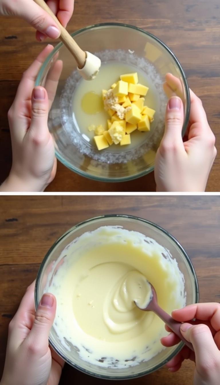 Hands mixing natural ingredients in a glass bowl for DIY foot cream preparation