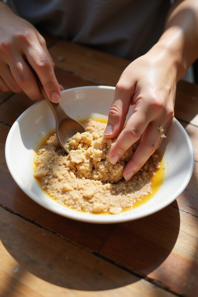 Person preparing homemade foot scrub with natural ingredients in a wooden bowl for dry feet