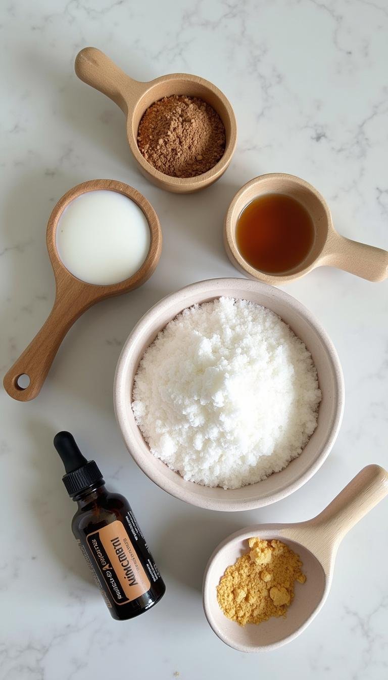 Assorted natural ingredients used in homemade foot scrub, including sugar, coconut oil, and essential oils