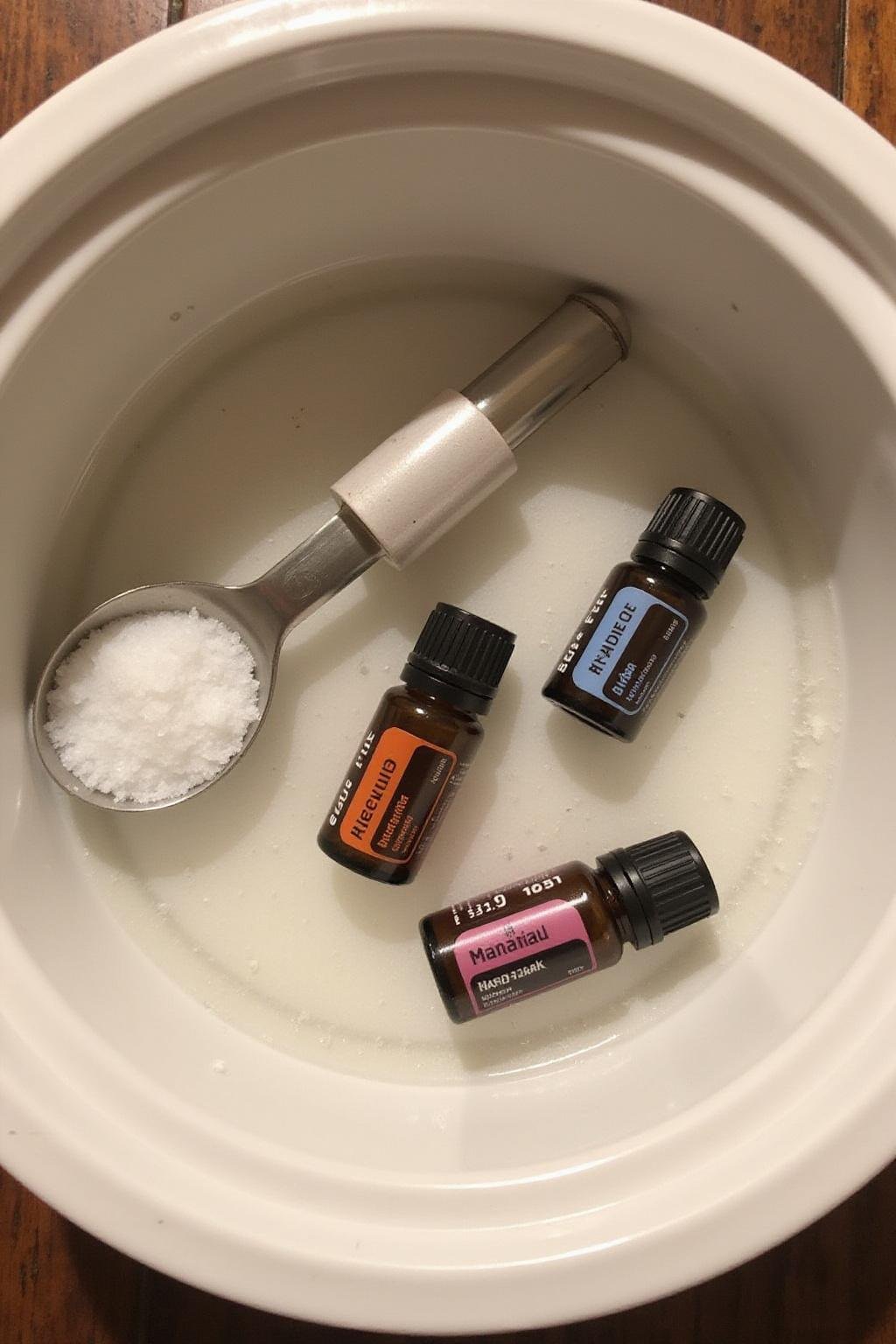 Close-up of a foot soak bowl with warm water, Epsom salts, and lavender oil for dry feet