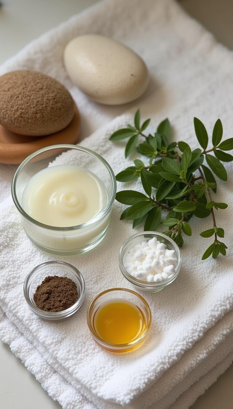 Flat lay of natural foot care ingredients and tools for a DIY foot soak recipe