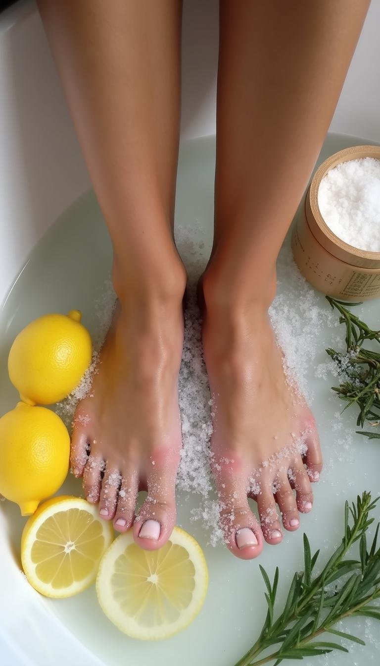 Natural foot soak setup with lemon slices and herbs for cracked heel treatment