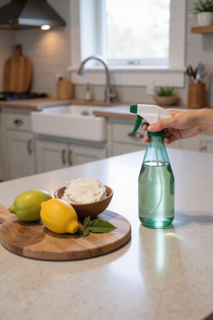A close-up of a hand stirring a homemade glass cleaner solution in a clear spray bottle on a kitchen counter