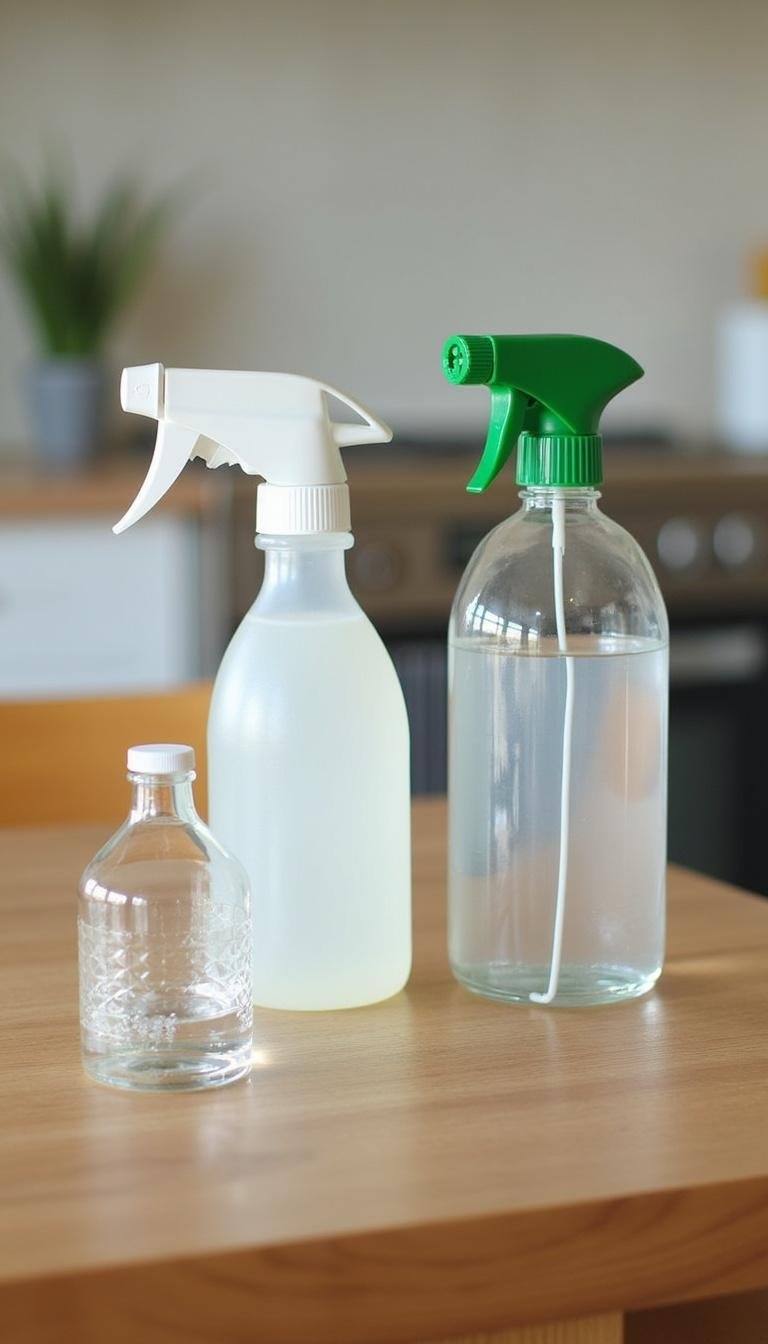 Flat lay of ingredients like vinegar, distilled water, and empty spray bottles used for homemade glass cleaner