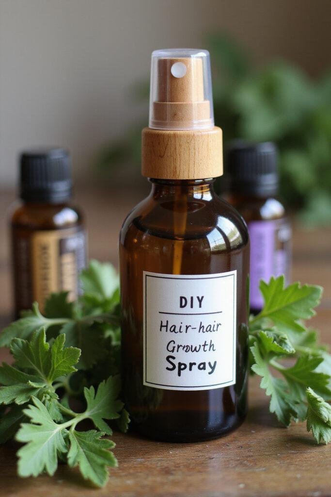 DIY hair growth spray bottle with herbal ingredients and wooden nozzle on wooden table