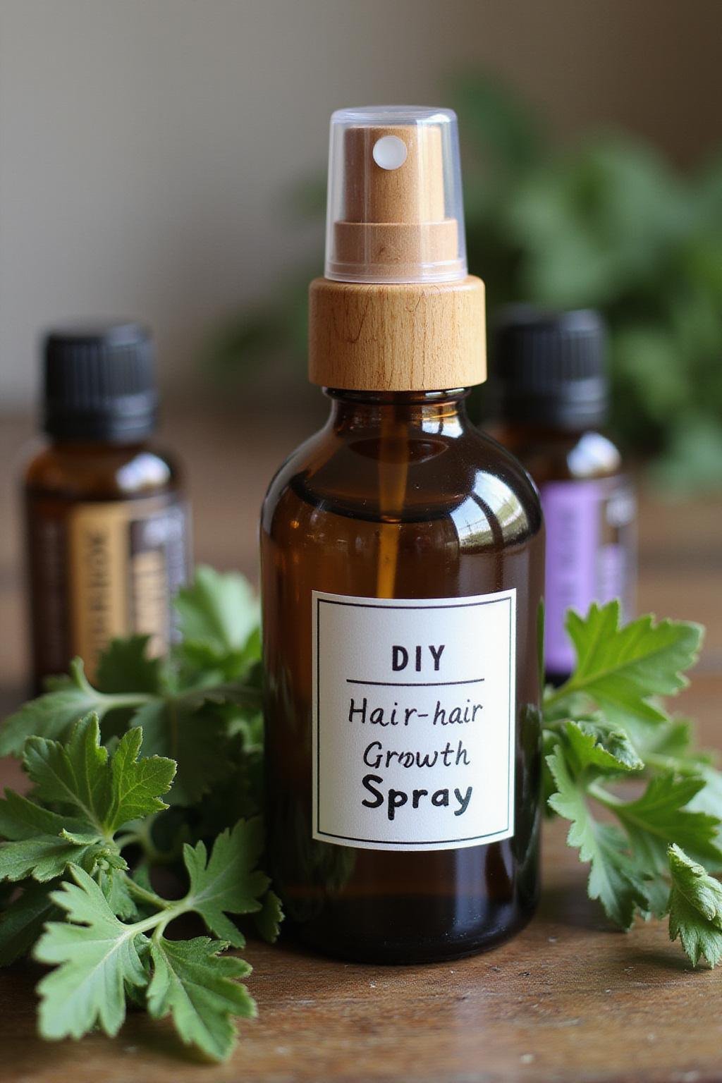 DIY hair growth spray bottle with herbal ingredients and wooden nozzle on wooden table