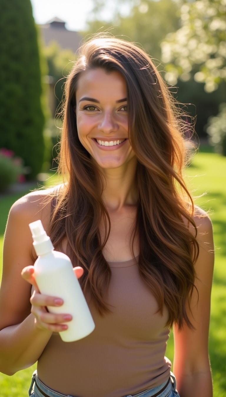 Joyful woman with beautiful hair holding homemade hair growth spray outdoors