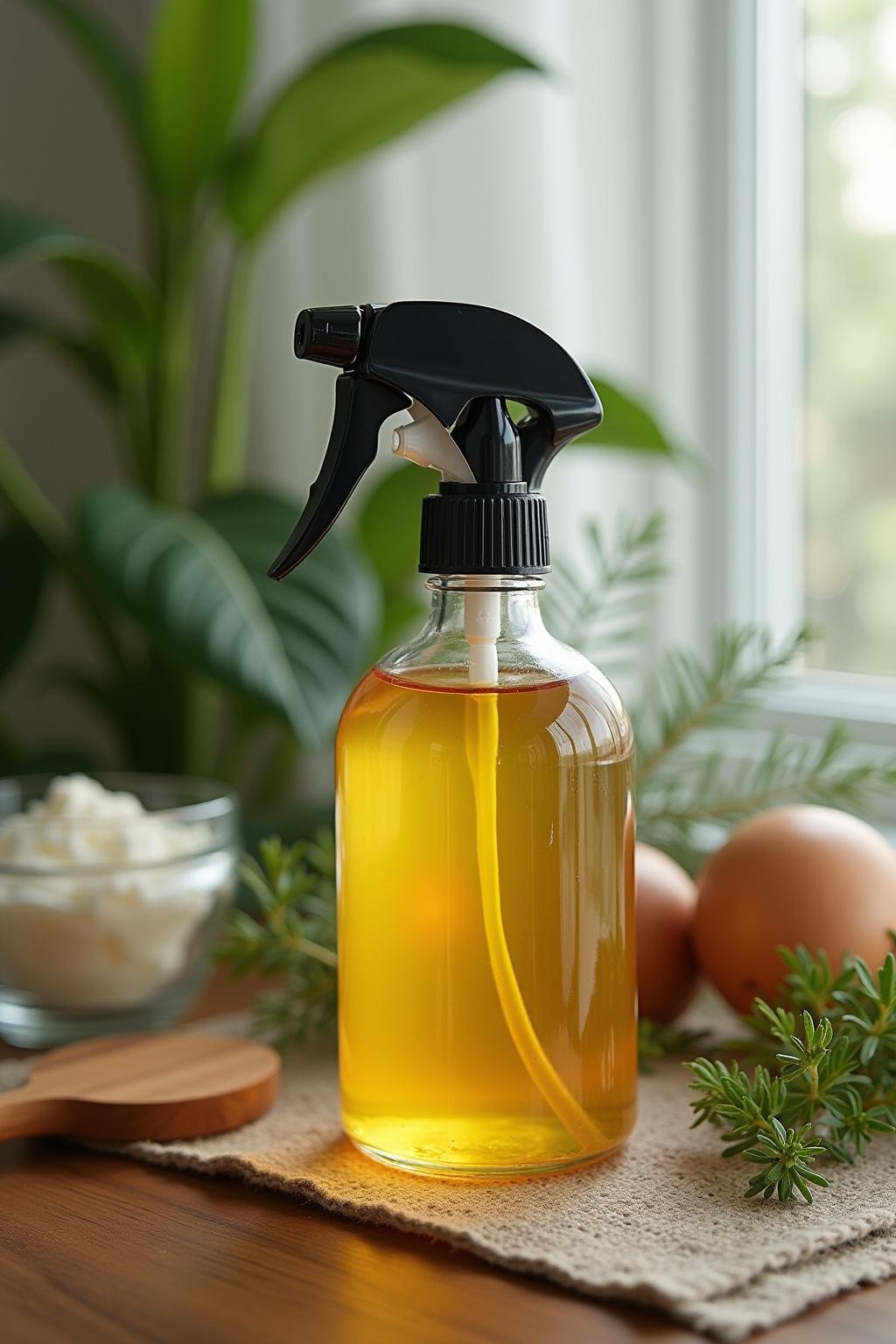 DIY herbal hair spray in a clear spray bottle on a wooden surface with herbs in the background