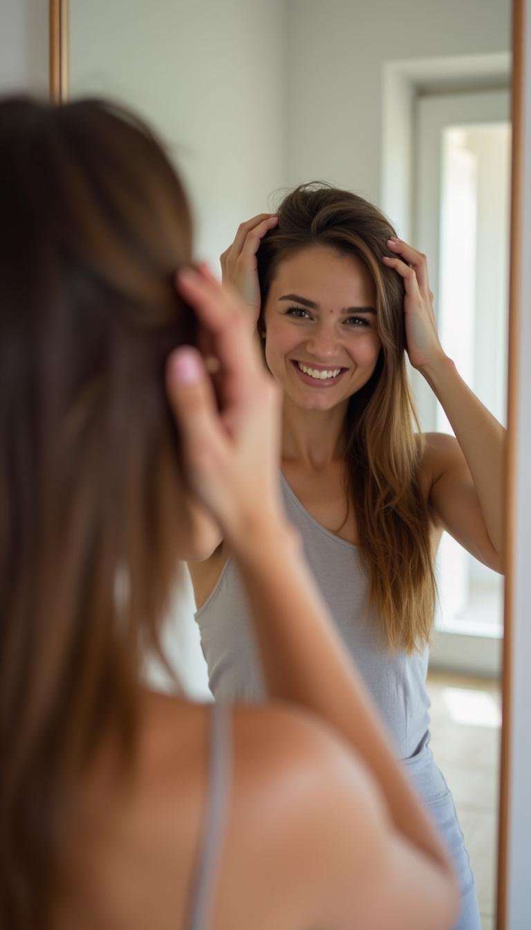 Individual using DIY hair spray on scalp with visible shiny, healthy hair in front of mirror