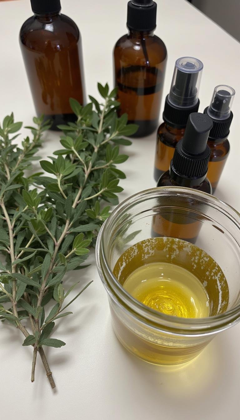Natural ingredients for homemade hair growth spray arranged on a table with herbs and oils