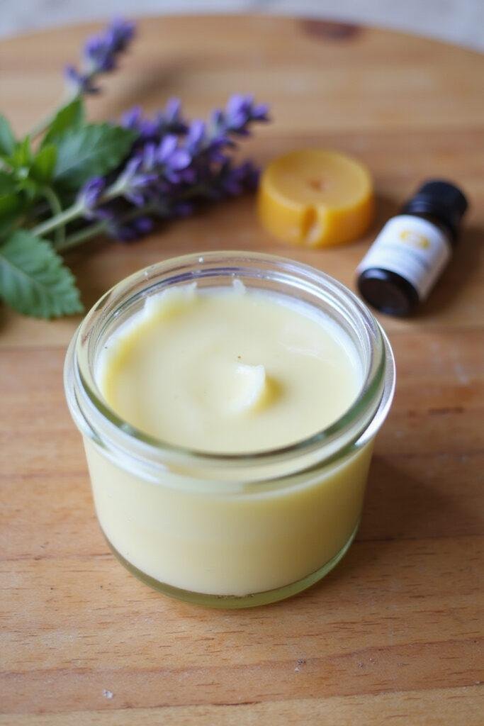 Homemade headache relief balm in a glass jar with lavender, peppermint, and beeswax on a wooden surface