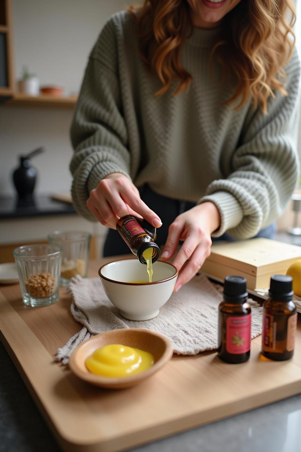 Individual mixing essential oils for DIY headache balm in a kitchen setting