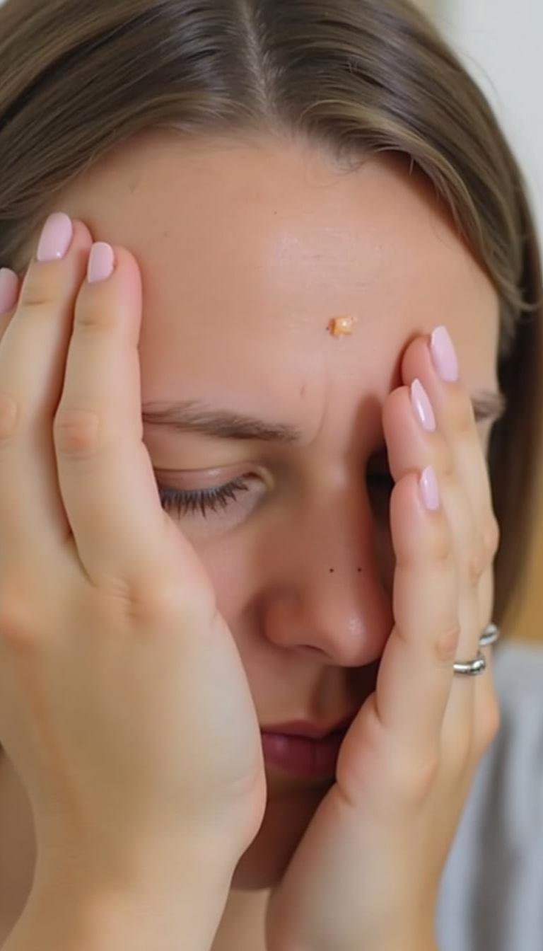 Applying homemade headache relief balm to temple with fingertips