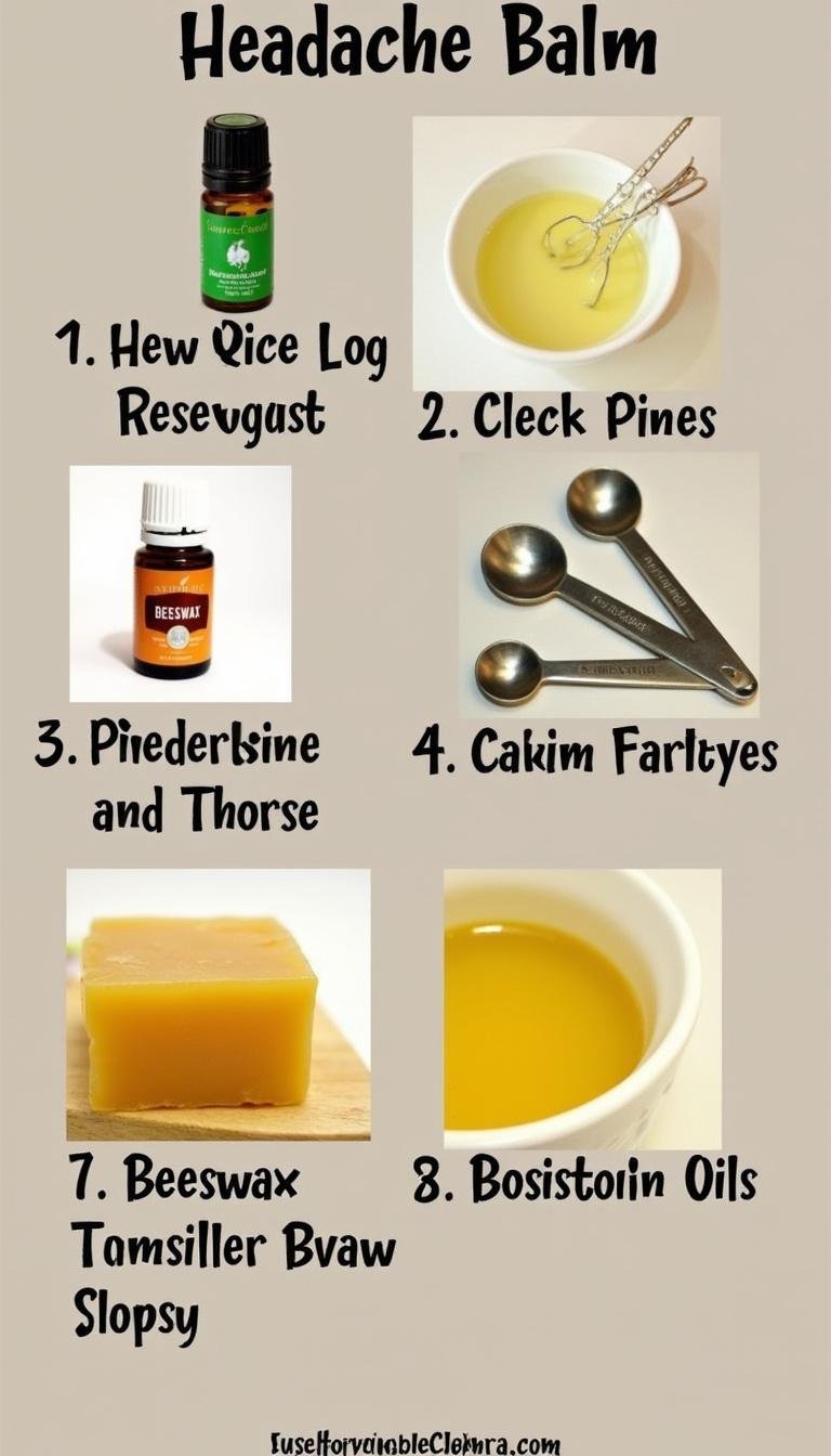 Ingredients and tools for homemade headache relief balm on a kitchen counter