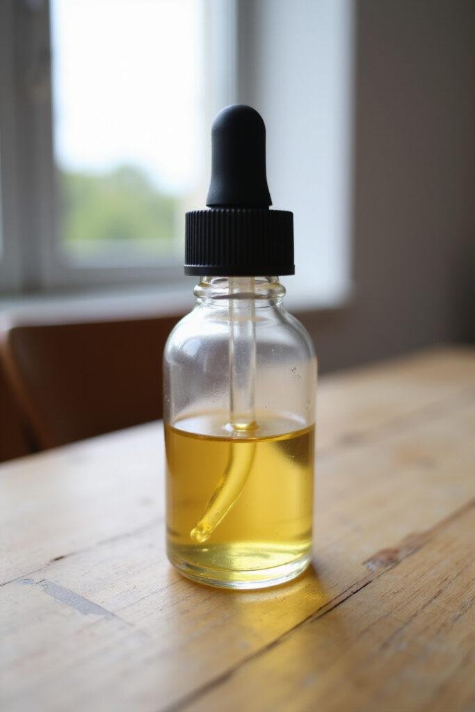 DIY lash and eyebrow growth serum in a glass dropper bottle on a wooden table, natural lighting