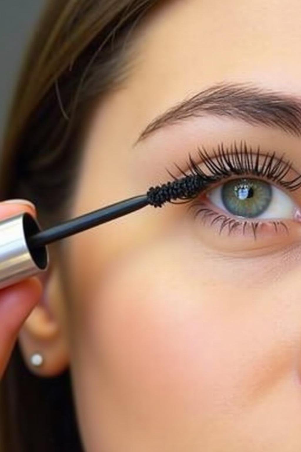 Woman applying DIY lash growth serum to eyelashes with a mascara wand, close-up of eyes