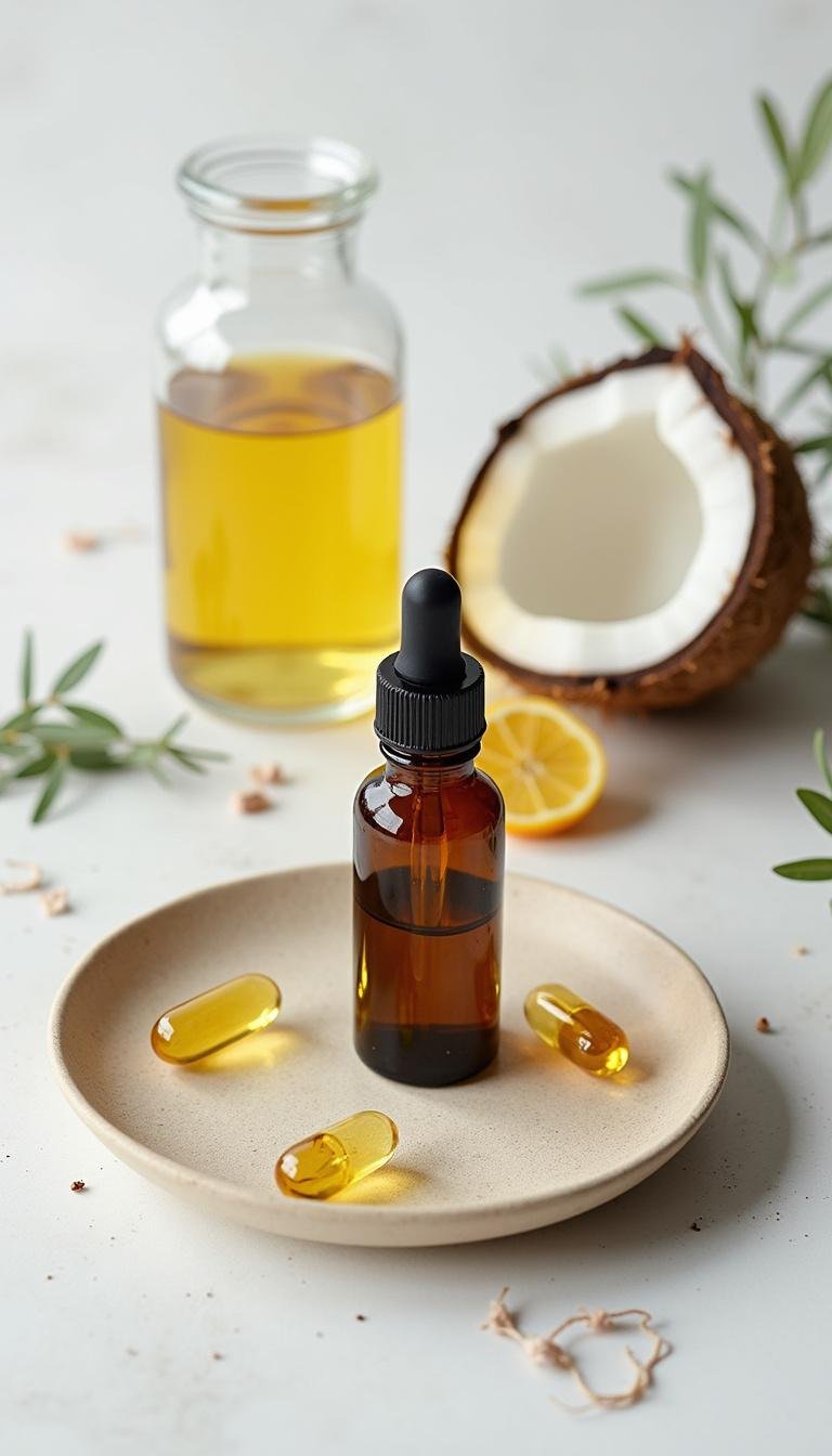 Ingredients for homemade lash and eyebrow growth serum including castor oil, coconut oil, and vitamin E capsules arranged on a white surface